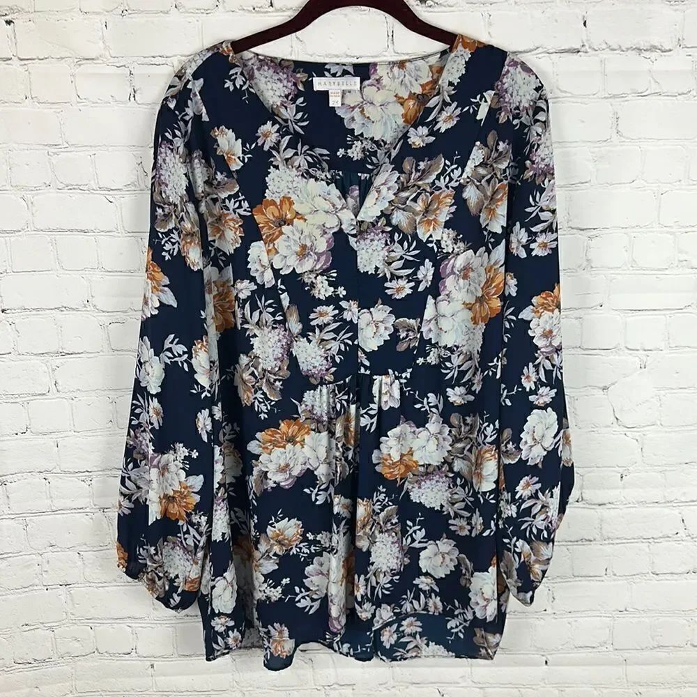 Marybelle Navy Long Sleeve Floral Print Blouse Size 2X